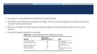  Corner ports in the plates direct the flow from plate to plate.
 The plates are embossed with a pattern of ridges, which increase the rigidity of the plate and improve
the heat transfer performance.
 Plates are available in a wide range of metals and alloys, including stainless steel, aluminum, and
titanium.
 A variety of gasket materials is also used
 