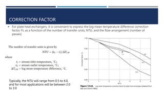 CORRECTION FACTOR
 For plate heat exchangers, it is convenient to express the log mean temperature difference correction
factor, Ft, as a function of the number of transfer units, NTU, and the flow arrangement (number of
passes)
Typically, the NTU will range from 0.5 to 4.0,
and for most applications will lie between 2.0
to 3.0
 