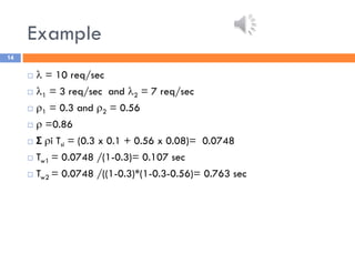 Example
14
  = 10 req/sec
 1 = 3 req/sec and 2 = 7 req/sec
 1 = 0.3 and 2 = 0.56
  =0.86
 i Tsi = (0.3 x 0.1 + 0.56 x 0.08)= 0.0748
 Tw1 = 0.0748 /(1-0.3)= 0.107 sec
 Tw2 = 0.0748 /((1-0.3)*(1-0.3-0.56)= 0.763 sec
 