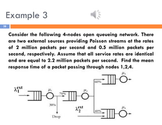 Example 3
38
Consider the following 4-nodes open queueing network. There
are two external sources providing Poisson streams at the rates
of 2 million packets per second and 0.5 million packets per
second, respectively. Assume that all service rates are identical
and are equal to 2.2 million packets per second. Find the mean
response time of a packet passing through nodes 1,2,4.
ext
2

ext
1

 