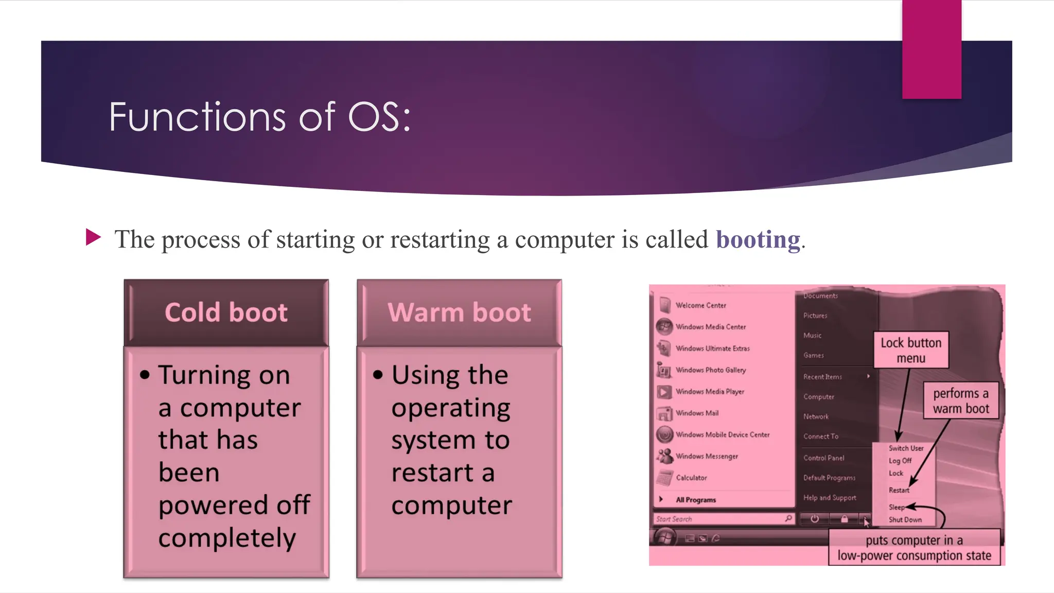 Functions of OS:
 The process of starting or restarting a computer is called booting.
 