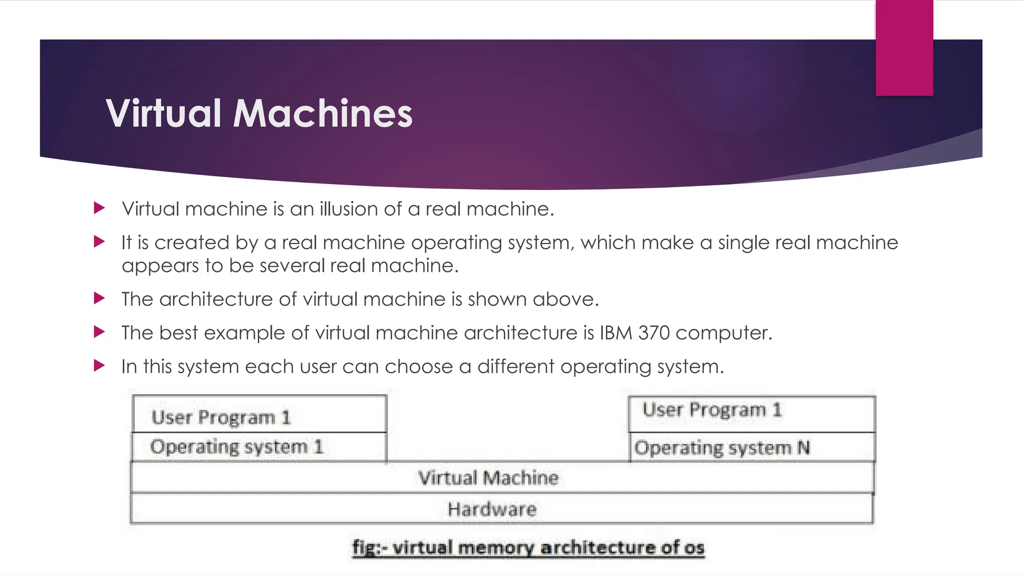 Virtual Machines
 Virtual machine is an illusion of a real machine.
 It is created by a real machine operating system, which make a single real machine
appears to be several real machine.
 The architecture of virtual machine is shown above.
 The best example of virtual machine architecture is IBM 370 computer.
 In this system each user can choose a different operating system.
 