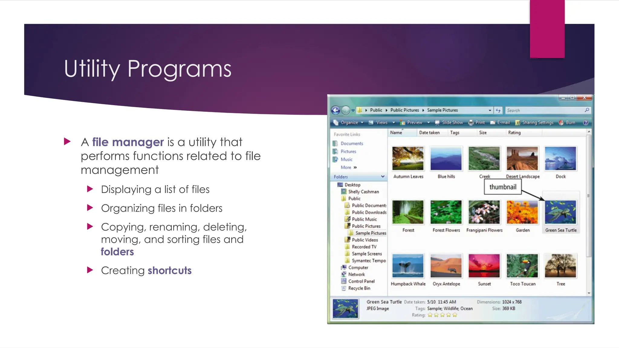 Utility Programs
 A file manager is a utility that
performs functions related to file
management
 Displaying a list of files
 Organizing files in folders
 Copying, renaming, deleting,
moving, and sorting files and
folders
 Creating shortcuts
 