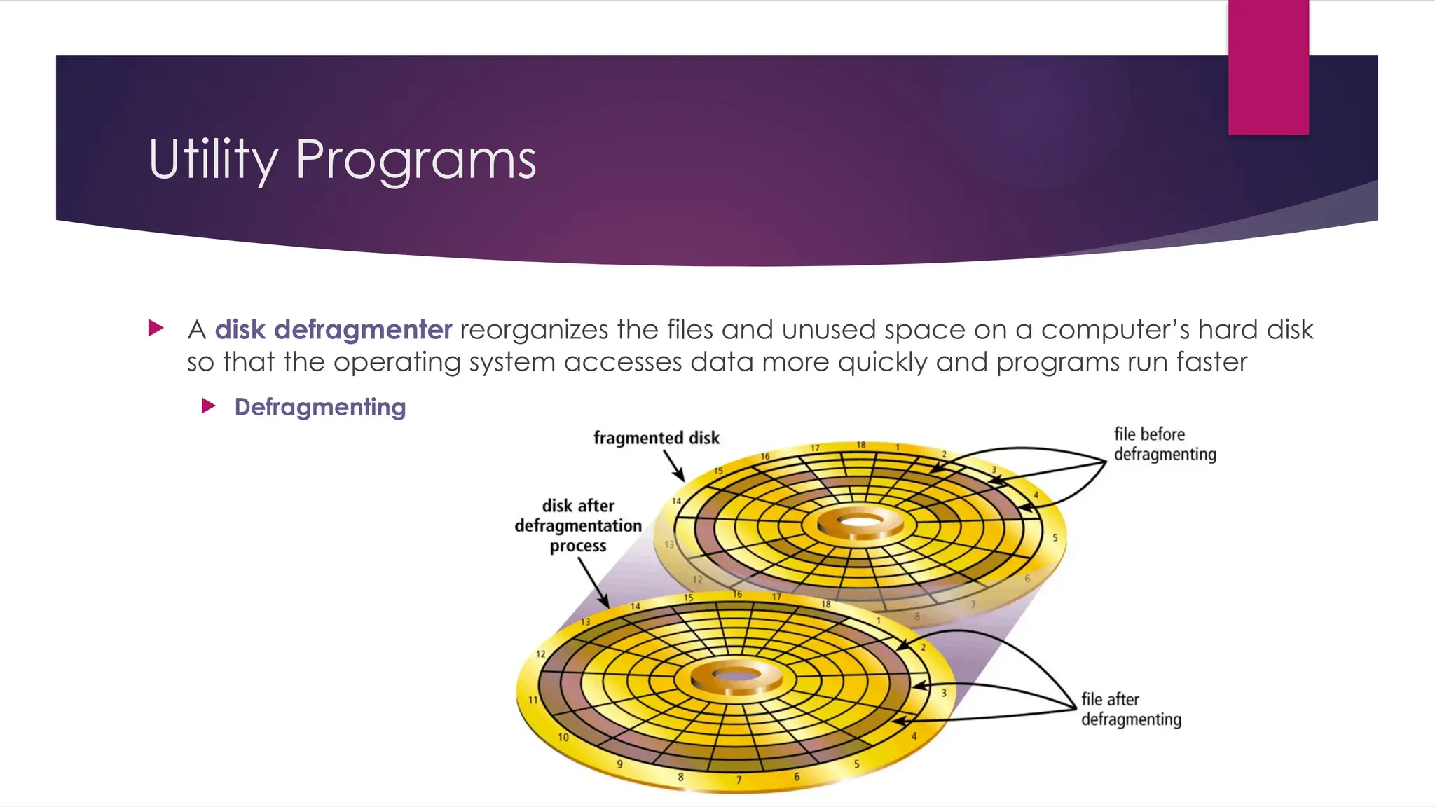 Utility Programs
 A disk defragmenter reorganizes the files and unused space on a computer’s hard disk
so that the operating system accesses data more quickly and programs run faster
 Defragmenting
 