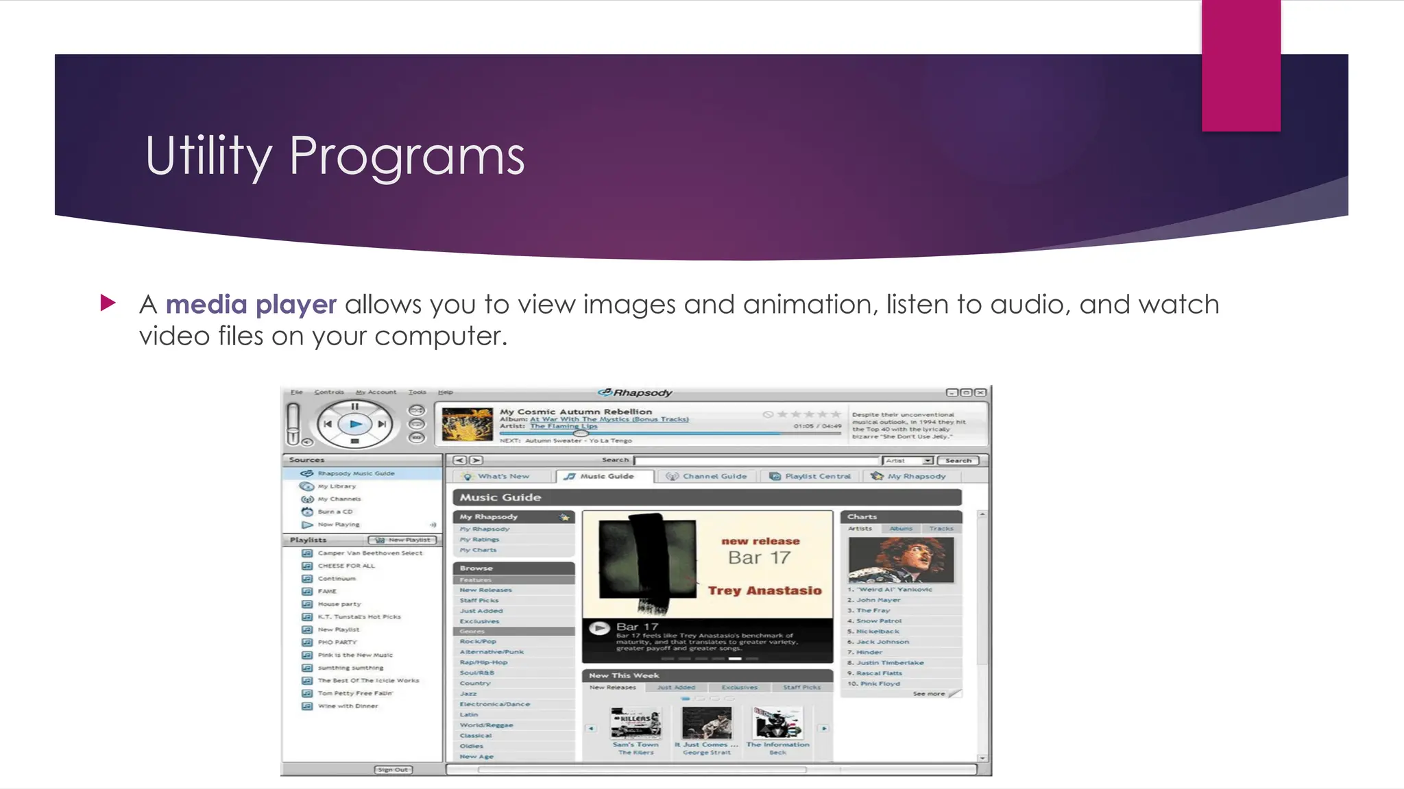 Utility Programs
 A media player allows you to view images and animation, listen to audio, and watch
video files on your computer.
 