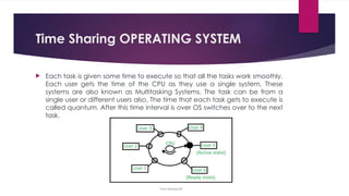Time Sharing OPERATING SYSTEM
 Each task is given some time to execute so that all the tasks work smoothly.
Each user gets the time of the CPU as they use a single system. These
systems are also known as Multitasking Systems. The task can be from a
single user or different users also. The time that each task gets to execute is
called quantum. After this time interval is over OS switches over to the next
task.
 