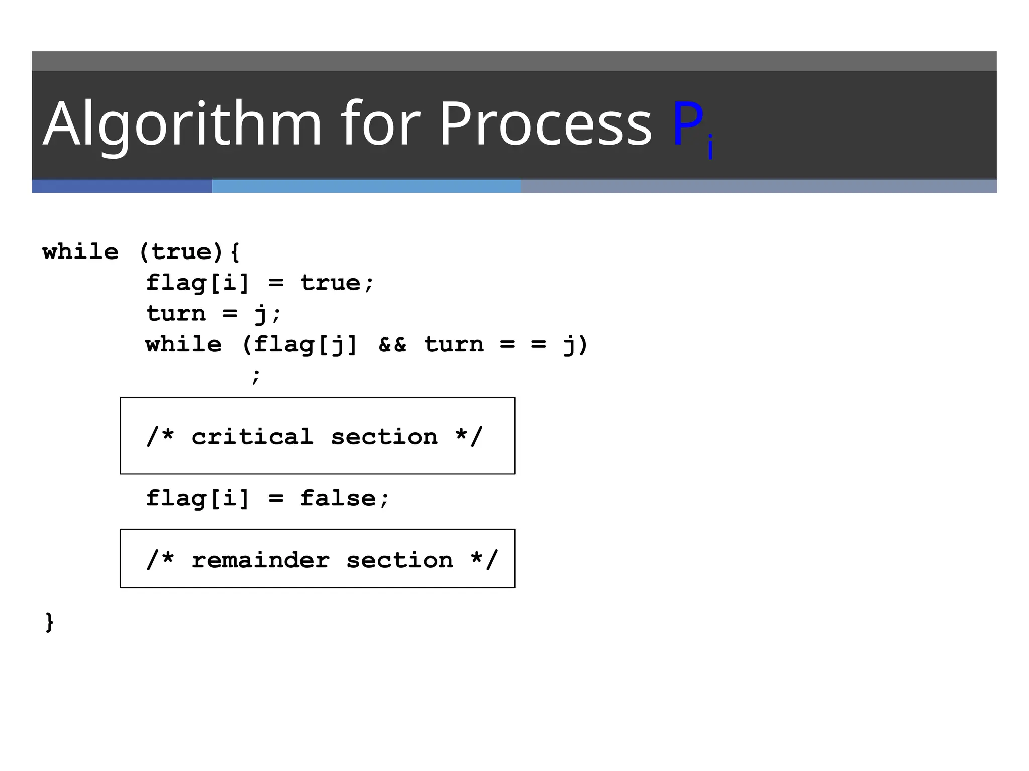 Algorithm for Process Pi
while (true){
flag[i] = true;
turn = j;
while (flag[j] && turn = = j)
;
/* critical section */
flag[i] = false;
/* remainder section */
}
 