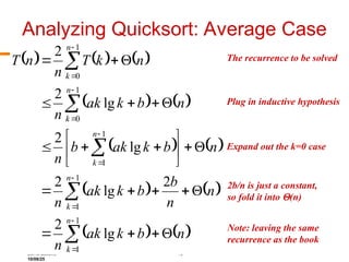 David Luebke 19
10/08/25
Note: leaving the same
recurrence as the book
What are we doing here?
Analyzing Quicksort: Average Case
     
   
   
   
   










































1
1
1
1
1
1
1
0
1
0
lg
2
2
lg
2
lg
2
lg
2
2
n
k
n
k
n
k
n
k
n
k
n
b
k
ak
n
n
n
b
b
k
ak
n
n
b
k
ak
b
n
n
b
k
ak
n
n
k
T
n
n
T The recurrence to be solved
What are we doing here?
What are we doing here?
Plug in inductive hypothesis
Expand out the k=0 case
2b/n is just a constant,
so fold it into (n)
 