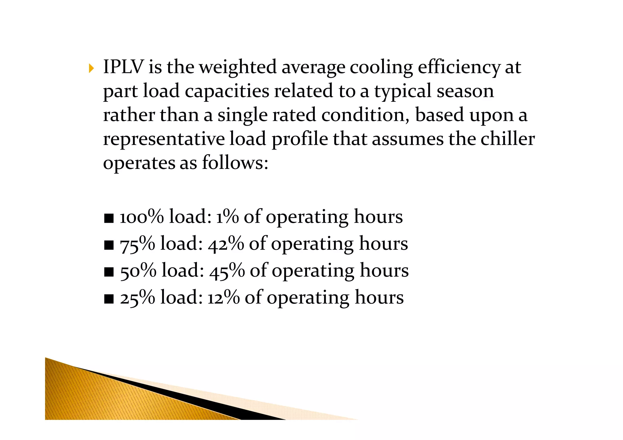 IPLV is the weighted average cooling efficiency at
part load capacities related to a typical season
rather than a single rated condition, based upon a
representative load profile that assumes the chiller
operates as follows:
■ 100% load: 1% of operating hours■ 100% load: 1% of operating hours
■ 75% load: 42% of operating hours
■ 50% load: 45% of operating hours
■ 25% load: 12% of operating hours
 