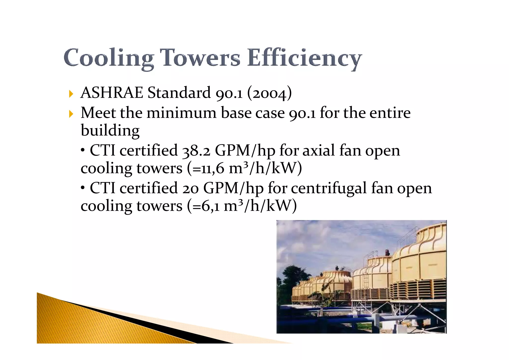 ASHRAE Standard 90.1 (2004)
Meet the minimum base case 90.1 for the entire
building
• CTI certified 38.2 GPM/hp for axial fan open
cooling towers (=11,6 m³/h/kW)
• CTI certified 20 GPM/hp for centrifugal fan open• CTI certified 20 GPM/hp for centrifugal fan open
cooling towers (=6,1 m³/h/kW)
 