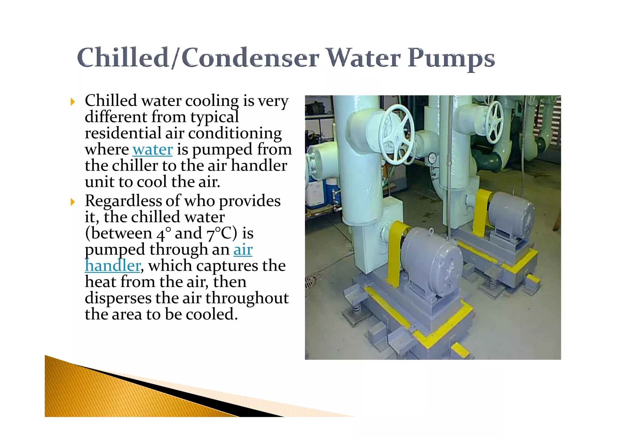 Chilled water cooling is very
different from typical
residential air conditioning
where water is pumped from
the chiller to the air handler
unit to cool the air.
Regardless of who provides
it, the chilled waterit, the chilled water
(between 4° and 7°C) is
pumped through an air
handler, which captures the
heat from the air, then
disperses the air throughout
the area to be cooled.
 