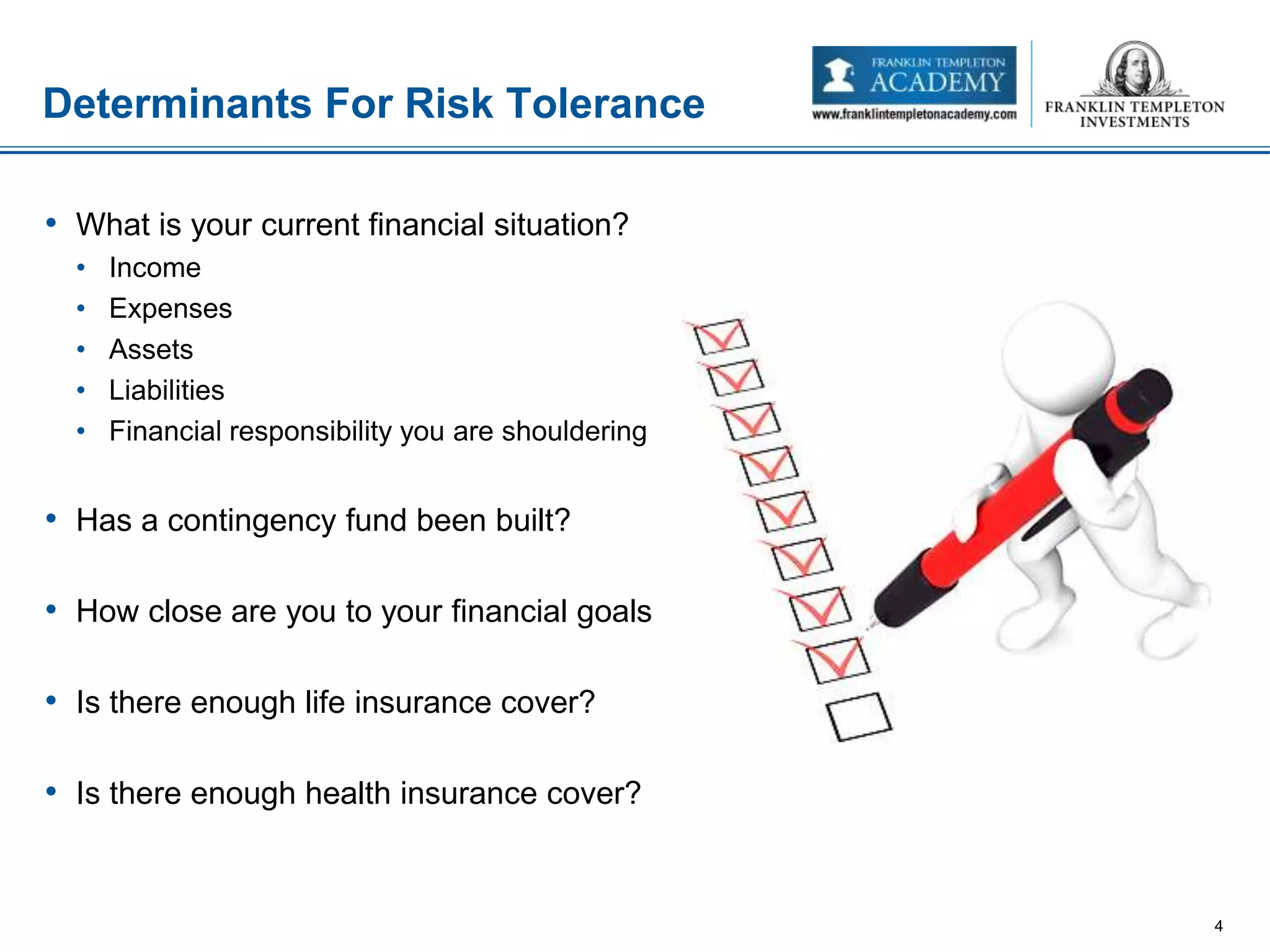 • What is your current financial situation?
• Income
• Expenses
• Assets
• Liabilities
• Financial responsibility you are shouldering
• Has a contingency fund been built?
• How close are you to your financial goals
• Is there enough life insurance cover?
• Is there enough health insurance cover?
Determinants For Risk Tolerance
4
 
