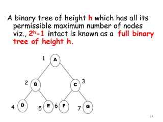 A binary tree of height h which has all its
permissible maximum number of nodes
viz., 2h-1 intact is known as a full binary
tree of height h.
1

2

4

D

A

B

C

5

E

6 F

3

7 G
24

 