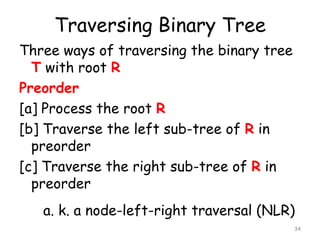 Traversing Binary Tree
Three ways of traversing the binary tree
T with root R
Preorder
[a] Process the root R
[b] Traverse the left sub-tree of R in
preorder
[c] Traverse the right sub-tree of R in
preorder
a. k. a node-left-right traversal (NLR)
34

 