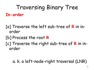 Traversing Binary Tree
In-order

[a] Traverse the left sub-tree of R in inorder
[b] Process the root R
[c] Traverse the right sub-tree of R in inorder
a. k. a left-node-right traversal (LNR)
35

 