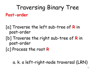 Traversing Binary Tree
Post-order

[a] Traverse the left sub-tree of R in
post-order
[b] Traverse the right sub-tree of R in
post-order
[c] Process the root R
a. k. a left-right-node traversal (LRN)
36

 