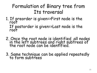 Formulation of Binary tree from
Its traversal
1. If preorder is given=>First node is the
root
If postorder is given=>Last node is the
root
2. Once the root node is identified ,all nodes
in the left subtrees and right subtrees of
the root node can be identified.
3. Same technique can be applied repeatedly
to form subtrees
39

 