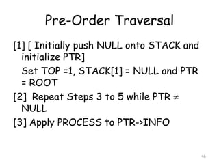 Pre-Order Traversal
[1] [ Initially push NULL onto STACK and
initialize PTR]
Set TOP =1, STACK[1] = NULL and PTR
= ROOT
[2] Repeat Steps 3 to 5 while PTR 
NULL
[3] Apply PROCESS to PTR->INFO

46

 
