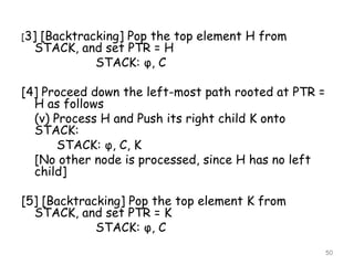 [3]

[Backtracking] Pop the top element H from
STACK, and set PTR = H
STACK: φ, C

[4] Proceed down the left-most path rooted at PTR =
H as follows
(v) Process H and Push its right child K onto
STACK:
STACK: φ, C, K
[No other node is processed, since H has no left
child]
[5] [Backtracking] Pop the top element K from
STACK, and set PTR = K
STACK: φ, C
50

 