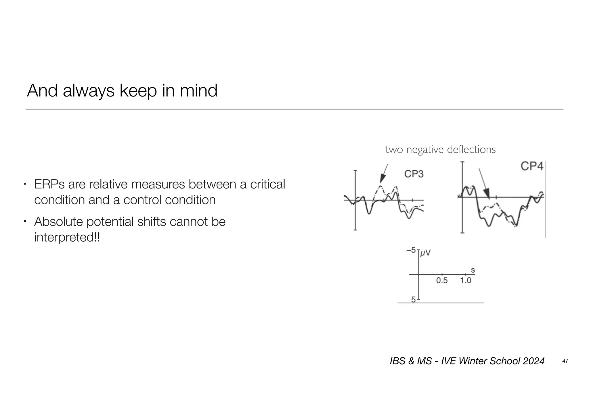 And always keep in mind
47
• ERPs are relative measures between a critical
condition and a control condition
• Absolute potential shifts cannot be
interpreted!!
two negative deflections
IBS & MS - IVE Winter School 2024
 