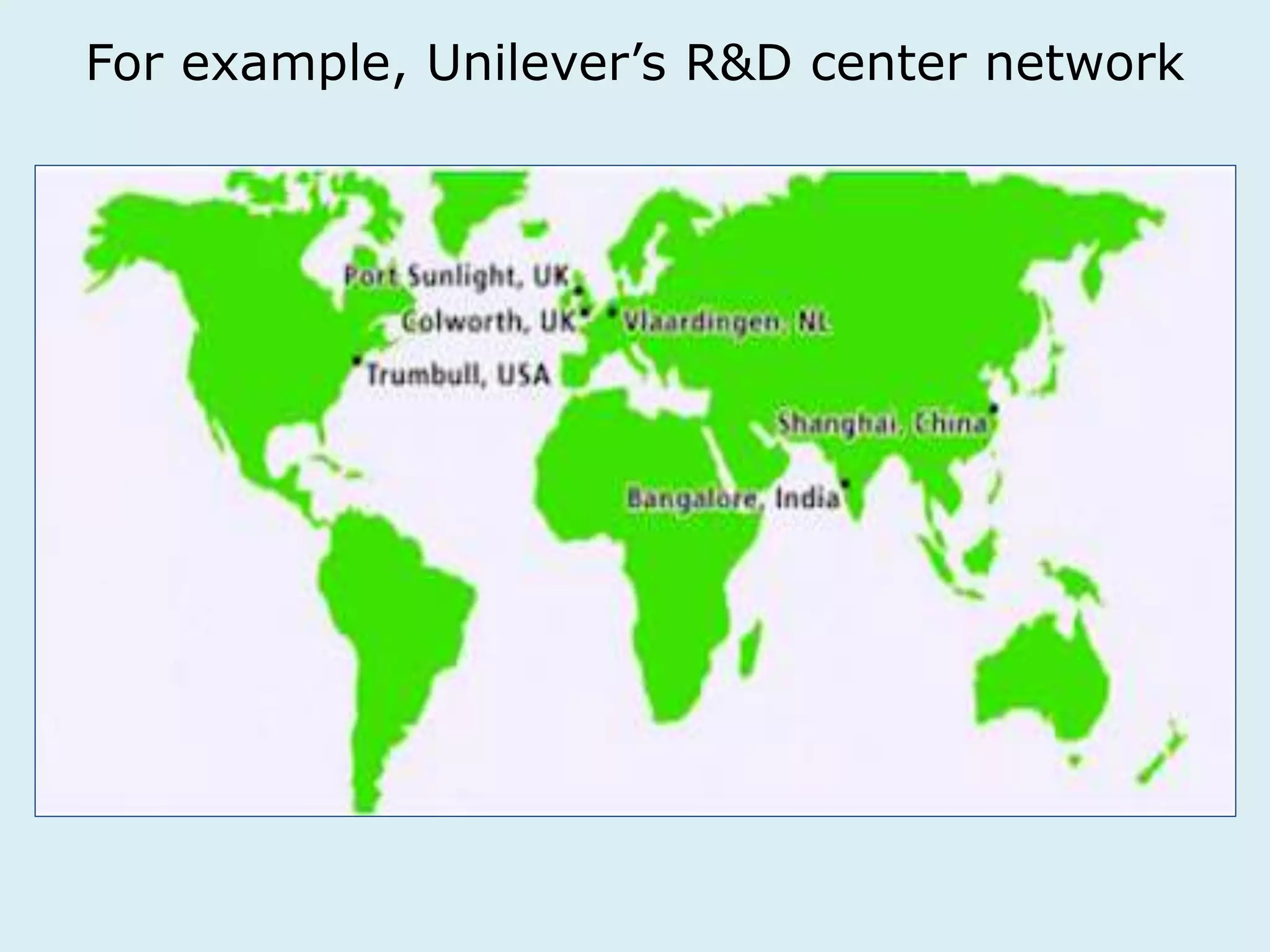 For example, Unilever’s R&D center network 
 