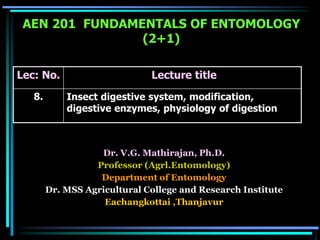 AEN 201 FUNDAMENTALS OF ENTOMOLOGY
(2+1)
Lec: No. Lecture title
8. Insect digestive system, modification,
digestive enzymes, physiology of digestion
Dr. V.G. Mathirajan, Ph.D.
Professor (Agrl.Entomology)
Department of Entomology
Dr. MSS Agricultural College and Research Institute
Eachangkottai ,Thanjavur
 