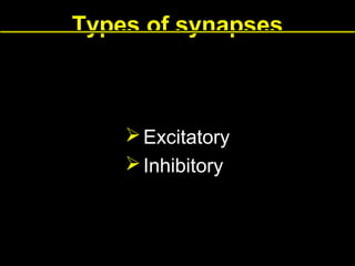 Types of synapses

 Excitatory
 Inhibitory

 