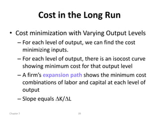 Cost in the Long Run
• Cost minimization with Varying Output Levels
      – For each level of output, we can find the cost
        minimizing inputs.
      – For each level of output, there is an isocost curve
        showing minimum cost for that output level
      – A firm’s expansion path shows the minimum cost
        combinations of labor and capital at each level of
        output
      – Slope equals K/ L

Chapter 7                     39
 