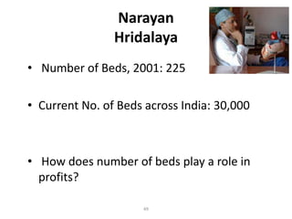Narayan
                Hridalaya
• Number of Beds, 2001: 225

• Current No. of Beds across India: 30,000



• How does number of beds play a role in
  profits?

                     49
 