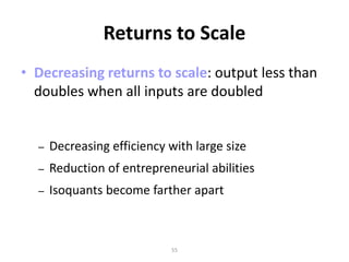Returns to Scale
• Decreasing returns to scale: output less than
  doubles when all inputs are doubled


  –   Decreasing efficiency with large size
  –   Reduction of entrepreneurial abilities
  –   Isoquants become farther apart



                            55
 