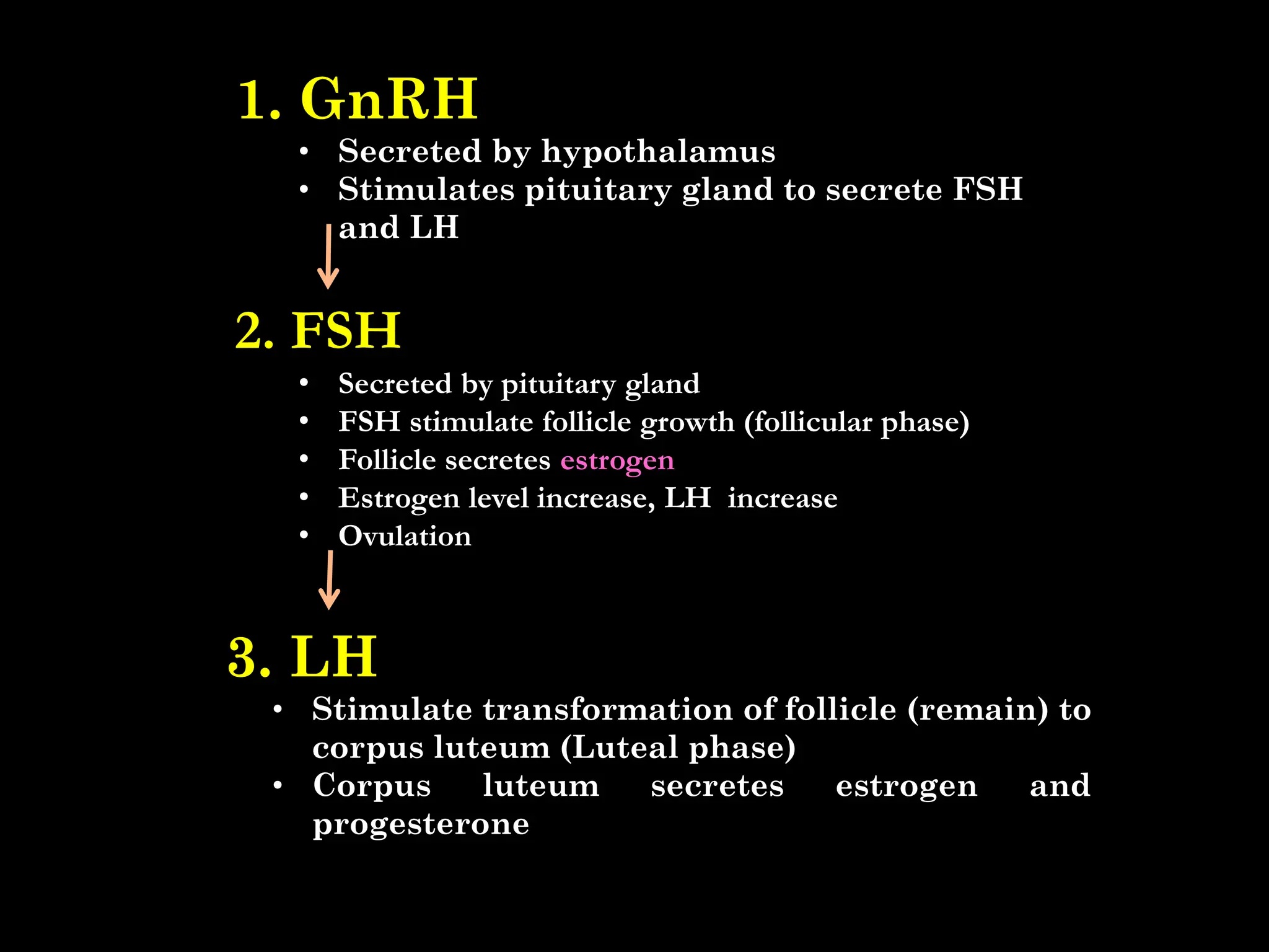2. FSH
• Secreted by pituitary gland
• FSH stimulate follicle growth (follicular phase)
• Follicle secretes estrogen
• Estrogen level increase, LH increase
• Ovulation
3. LH
• Stimulate transformation of follicle (remain) to
corpus luteum (Luteal phase)
• Corpus luteum secretes estrogen and
progesterone
1. GnRH
• Secreted by hypothalamus
• Stimulates pituitary gland to secrete FSH
and LH
 