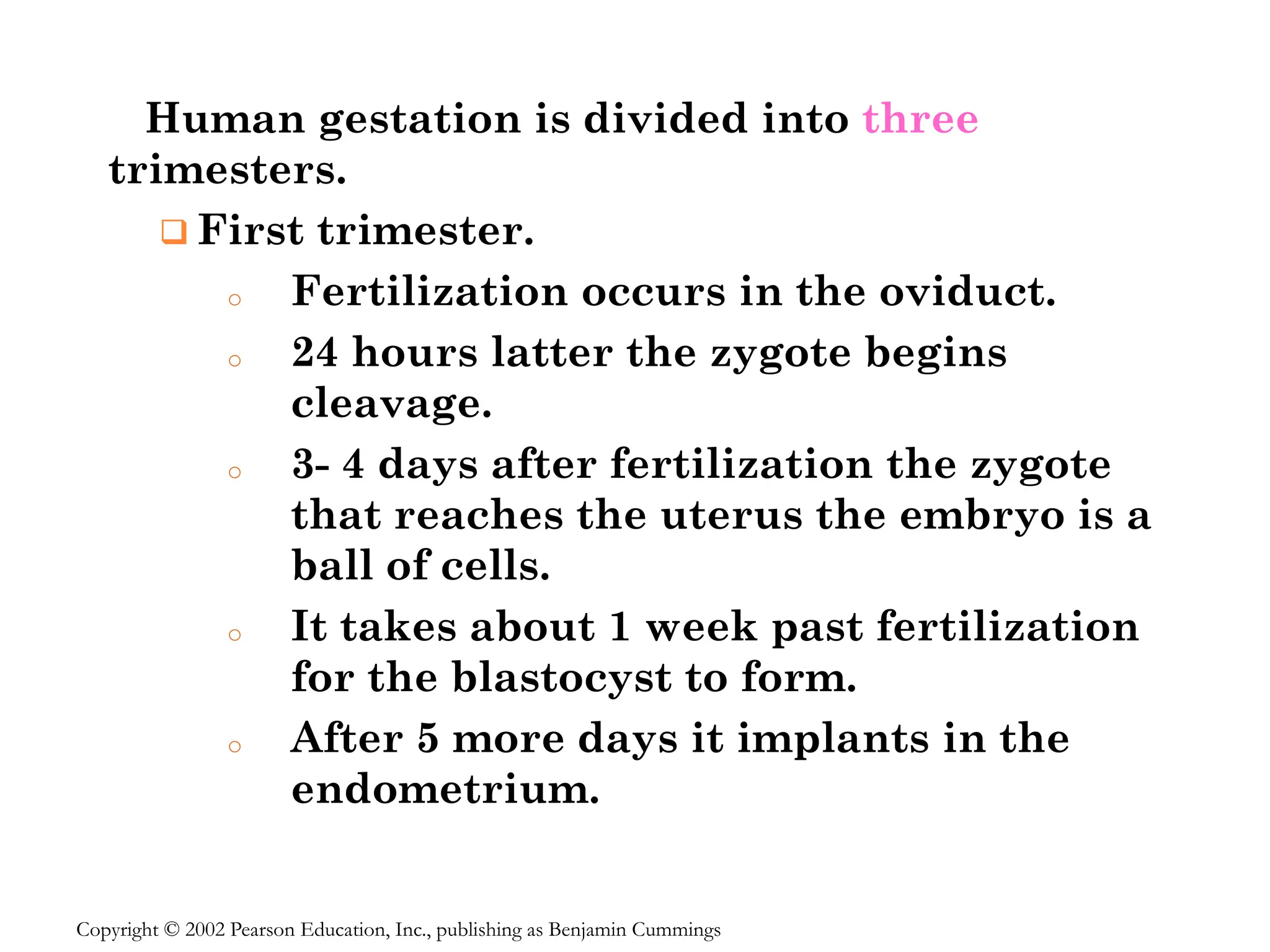 Human gestation is divided into three
trimesters.
❑ First trimester.
o Fertilization occurs in the oviduct.
o 24 hours latter the zygote begins
cleavage.
o 3- 4 days after fertilization the zygote
that reaches the uterus the embryo is a
ball of cells.
o It takes about 1 week past fertilization
for the blastocyst to form.
o After 5 more days it implants in the
endometrium.
Copyright © 2002 Pearson Education, Inc., publishing as Benjamin Cummings
 