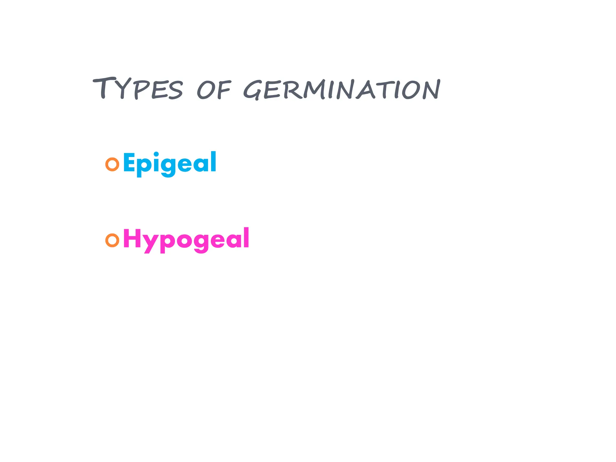 Epigeal
Hypogeal
TYPES OF GERMINATION
 