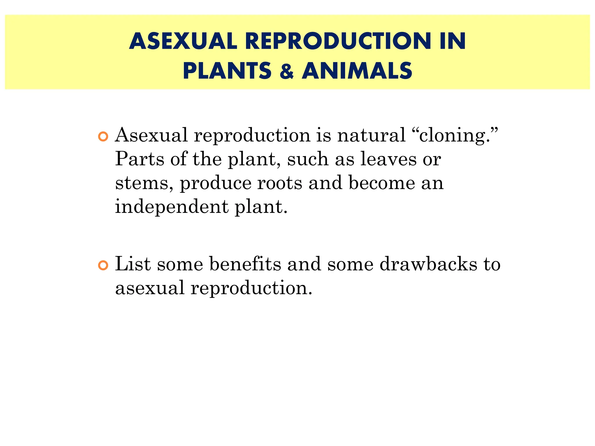 ASEXUAL REPRODUCTION IN
PLANTS & ANIMALS
 Asexual reproduction is natural “cloning.”
Parts of the plant, such as leaves or
stems, produce roots and become an
independent plant.
 List some benefits and some drawbacks to
asexual reproduction.
 