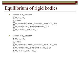 Equilibrium of rigid bodies
 Moment of TAC about O:
   
       
k
T
j
T
M
j
T
k
T
M
Nk
T
Nj
T
Ni
T
mi
M
mi
r
T
r
M
AC
AC
O
AC
AC
O
AC
AC
AC
O
OA
AC
OA
O
3816
.
0
327
.
0
545
.
0
6
.
0
636
.
0
6
.
0
545
.
0
636
.
0
545
.
0
6
.
0
6
.
0



















 Moment of TAD about O:
   
       
k
T
j
T
M
j
T
k
T
M
Nk
T
Nj
T
Ni
T
mi
M
mi
r
T
r
M
AD
AD
O
AD
AD
O
AD
AD
AD
O
OA
AD
OA
O
1716
.
0
257
.
0
429
.
0
6
.
0
286
.
0
6
.
0
429
.
0
286
.
0
857
.
0
6
.
0
6
.
0



















 