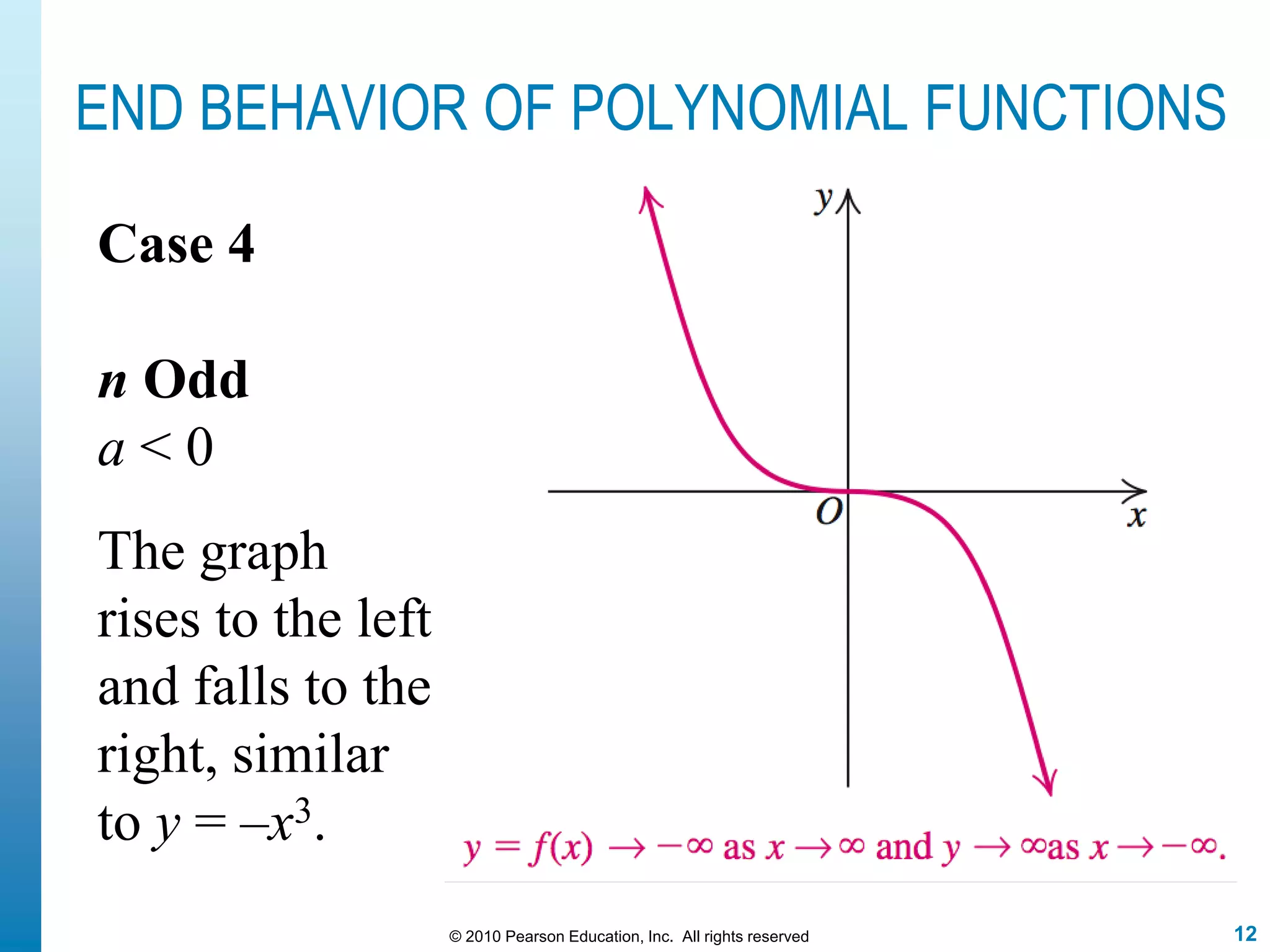 12© 2010 Pearson Education, Inc. All rights reserved
END BEHAVIOR OF POLYNOMIAL FUNCTIONS
Case 4
n Odd
a < 0
The graph
rises to the left
and falls to the
right, similar
to y = –x3.
 