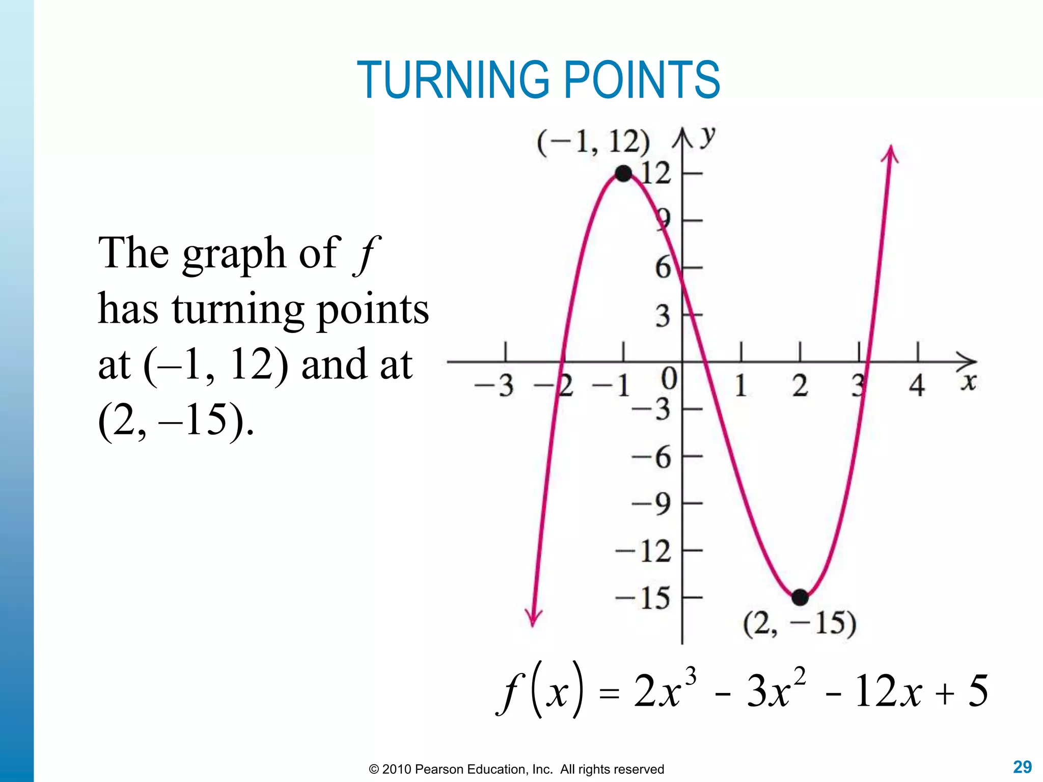 29© 2010 Pearson Education, Inc. All rights reserved
TURNING POINTS
The graph of f
has turning points
at (–1, 12) and at
(2, –15).
f x( ) = 2x3
- 3x2
-12x + 5
 