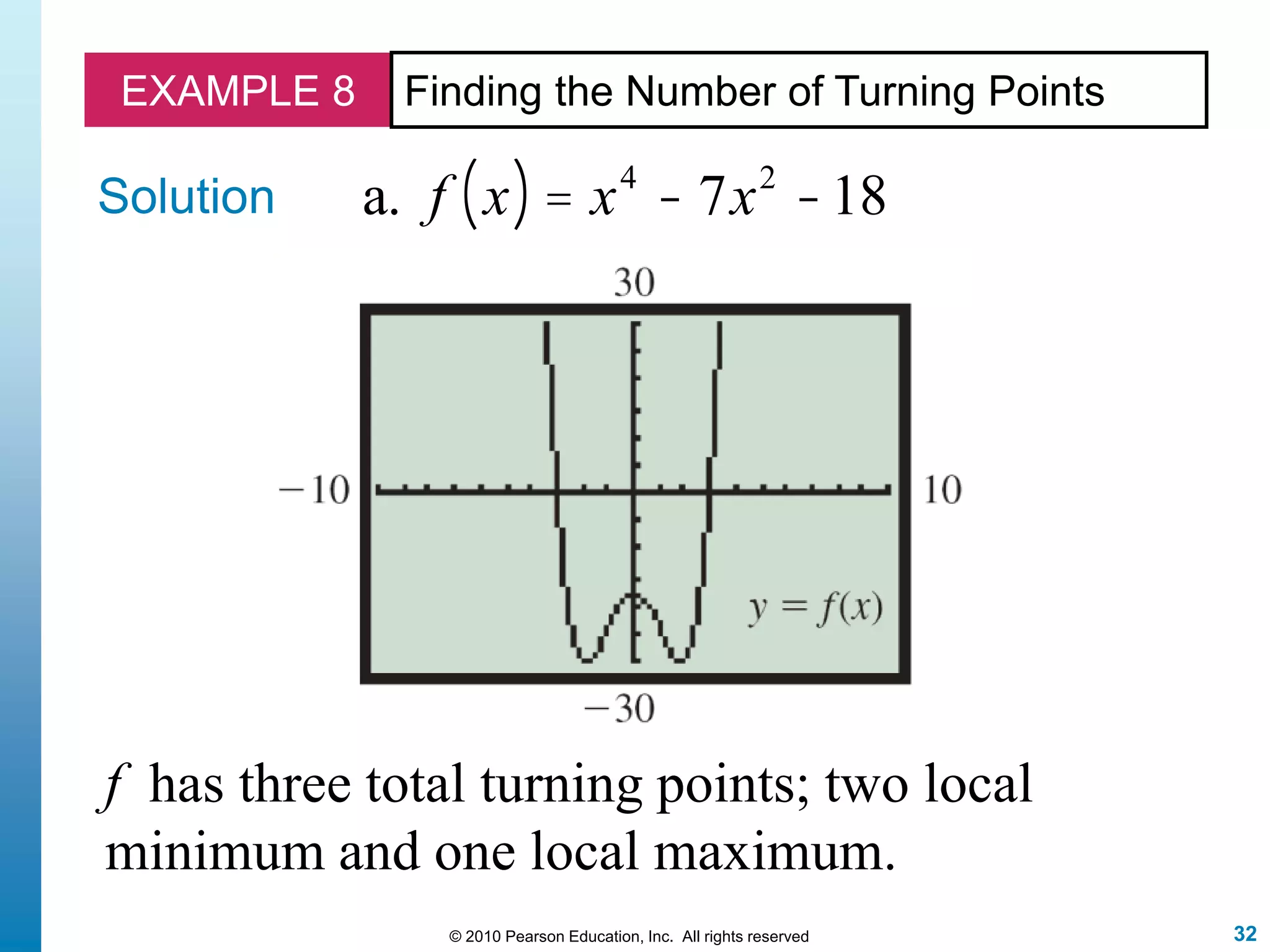 32© 2010 Pearson Education, Inc. All rights reserved
EXAMPLE 8 Finding the Number of Turning Points
Solution
f has three total turning points; two local
minimum and one local maximum.
a. f x( ) = x4
- 7x2
-18
 