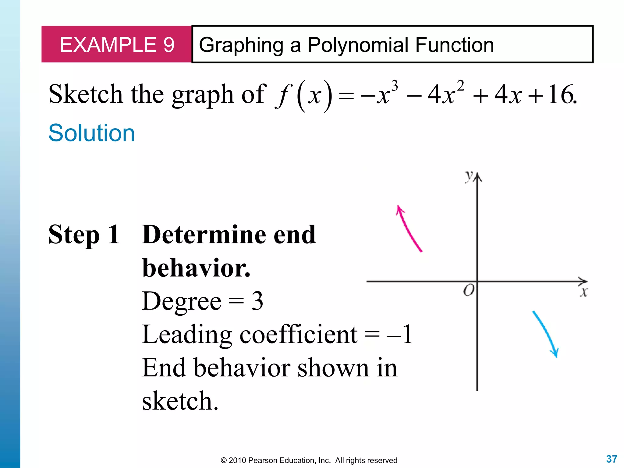 37© 2010 Pearson Education, Inc. All rights reserved
EXAMPLE 9 Graphing a Polynomial Function
Sketch the graph of   3 2
4 4 16.f x x x x    
Solution
Step 1 Determine end
behavior.
Degree = 3
Leading coefficient = –1
End behavior shown in
sketch.
 