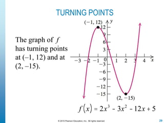 29© 2010 Pearson Education, Inc. All rights reserved
TURNING POINTS
The graph of f
has turning points
at (–1, 12) and at
(2, –15).
f x( ) = 2x3
- 3x2
-12x + 5
 