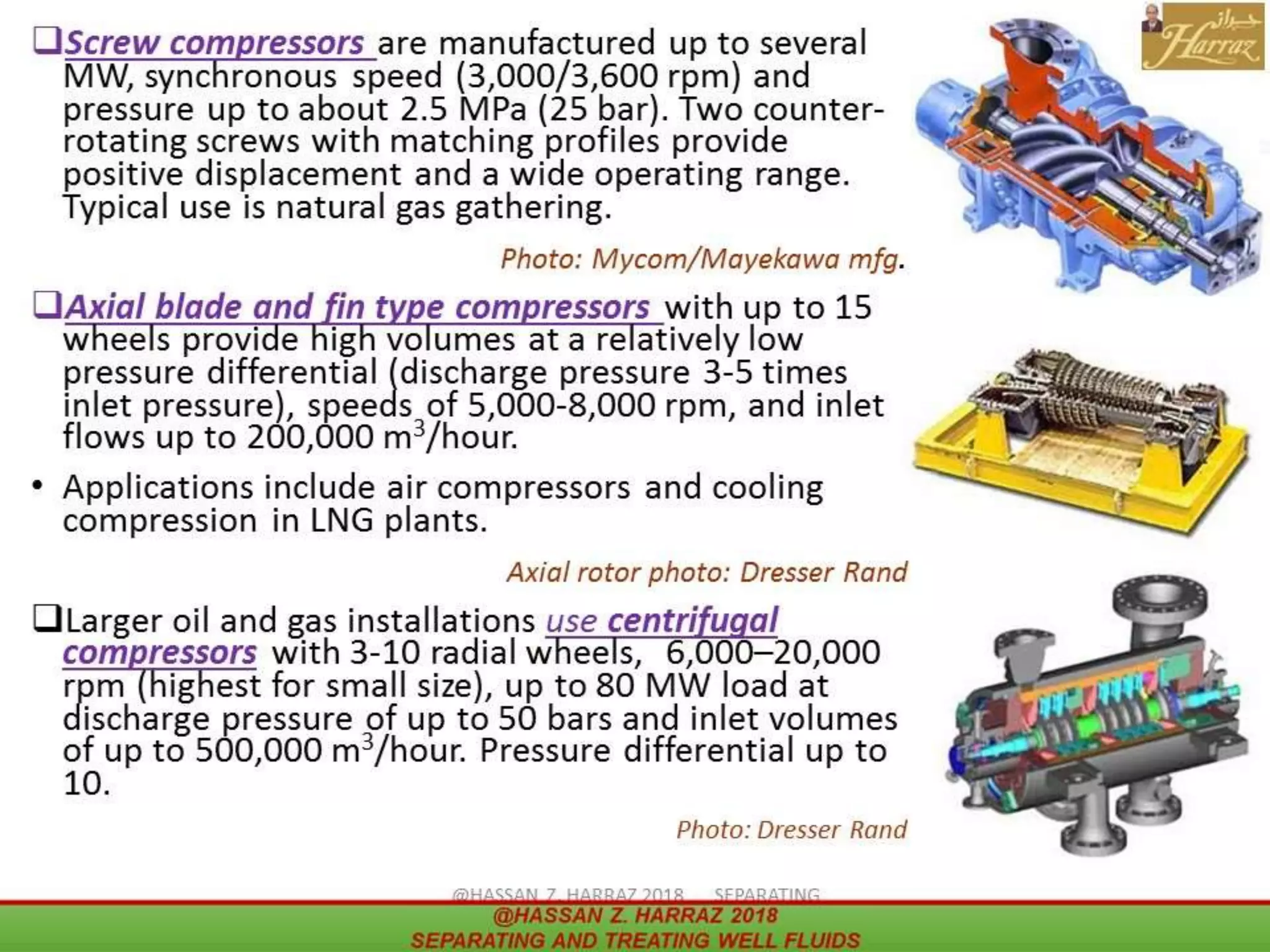 Screw compressors
Axial blade and fin type compressors
centrifugal compressors
 