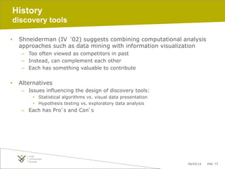 09/05/14 pag. 12
History
discovery tools
•  Shneiderman (IV ‘02) suggests combining computational analysis
approaches such as data mining with information visualization
–  Too often viewed as competitors in past
–  Instead, can complement each other
–  Each has something valuable to contribute
•  Alternatives
–  Issues influencing the design of discovery tools:
•  Statistical algorithms vs. visual data presentation
•  Hypothesis testing vs. exploratory data analysis
–  Each has Pro’s and Con’s
 