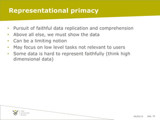 09/05/14 pag. 16
Representational primacy
•  Pursuit of faithful data replication and comprehension
•  Above all else, we must show the data
•  Can be a limiting notion
•  May focus on low level tasks not relevant to users
•  Some data is hard to represent faithfully (think high
dimensional data)
 