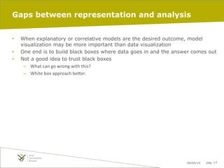 09/05/14 pag. 17
Gaps between representation and analysis
•  When explanatory or correlative models are the desired outcome, model
visualization may be more important than data visualization
•  One end is to build black boxes where data goes in and the answer comes out
•  Not a good idea to trust black boxes
–  What	
  can	
  go	
  wrong	
  with	
  this?	
  	
  
–  White	
  box	
  approach	
  be"er.	
  
 