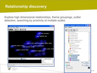 09/05/14 pag. 36
Relationship discovery
Explore high dimensional relationships, theme groupings, outlier
detection, searching by proximity at multiple scales
 