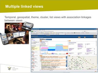 09/05/14 pag. 43
Multiple linked views
Temporal, geospatial, theme, cluster, list views with association linkages
between views
 