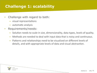 09/05/14 pag. 45
Challenge 1: scalability
•  Challenge with regard to both:
–  visual	
  representaIons	
  	
  
–  automaIc	
  analysis	
  
•  Requirements/needs:
–  SoluIon	
  needs	
  to	
  scale	
  in	
  size,	
  dimensionality,	
  data	
  types,	
  levels	
  of	
  quality.	
  
–  Methods	
  are	
  needed	
  to	
  deal	
  with	
  input	
  data	
  that	
  is	
  noisy	
  and	
  conInuous.	
  
–  Pa"erns	
  and	
  relaIonships	
  need	
  to	
  be	
  visualized	
  on	
  diﬀerent	
  levels	
  of	
  
details,	
  and	
  with	
  appropriate	
  levels	
  of	
  data	
  and	
  visual	
  abstracIon.	
  
 
