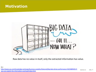 09/05/14 pag. 5
Motivation
Raw	
  data	
  has	
  no	
  value	
  in	
  itself,	
  only	
  the	
  extracted	
  informaIon	
  has	
  value.	
  
	
  
	
  
Src	
  :	
  
h"p://www.sas.com/knowledge-­‐exchange/business-­‐analyIcs/featured/big-­‐data-­‐drives-­‐performance-­‐%E2%80%93-­‐if-­‐
you-­‐can-­‐exploit-­‐the-­‐informaIon-­‐overload/index.html	
  
 