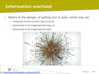 09/05/14 pag. 6
Information overload
•  Refers to the danger of getting lost in data, which may be:
–  irrelevant	
  to	
  the	
  current	
  task	
  at	
  hand,	
  
–  processed	
  in	
  an	
  inappropriate	
  way,	
  or	
  
–  presented	
  in	
  an	
  inappropriate	
  way.	
  
Src:	
  h"p://supermarketpeople.co.uk/archives/713	
  
 
