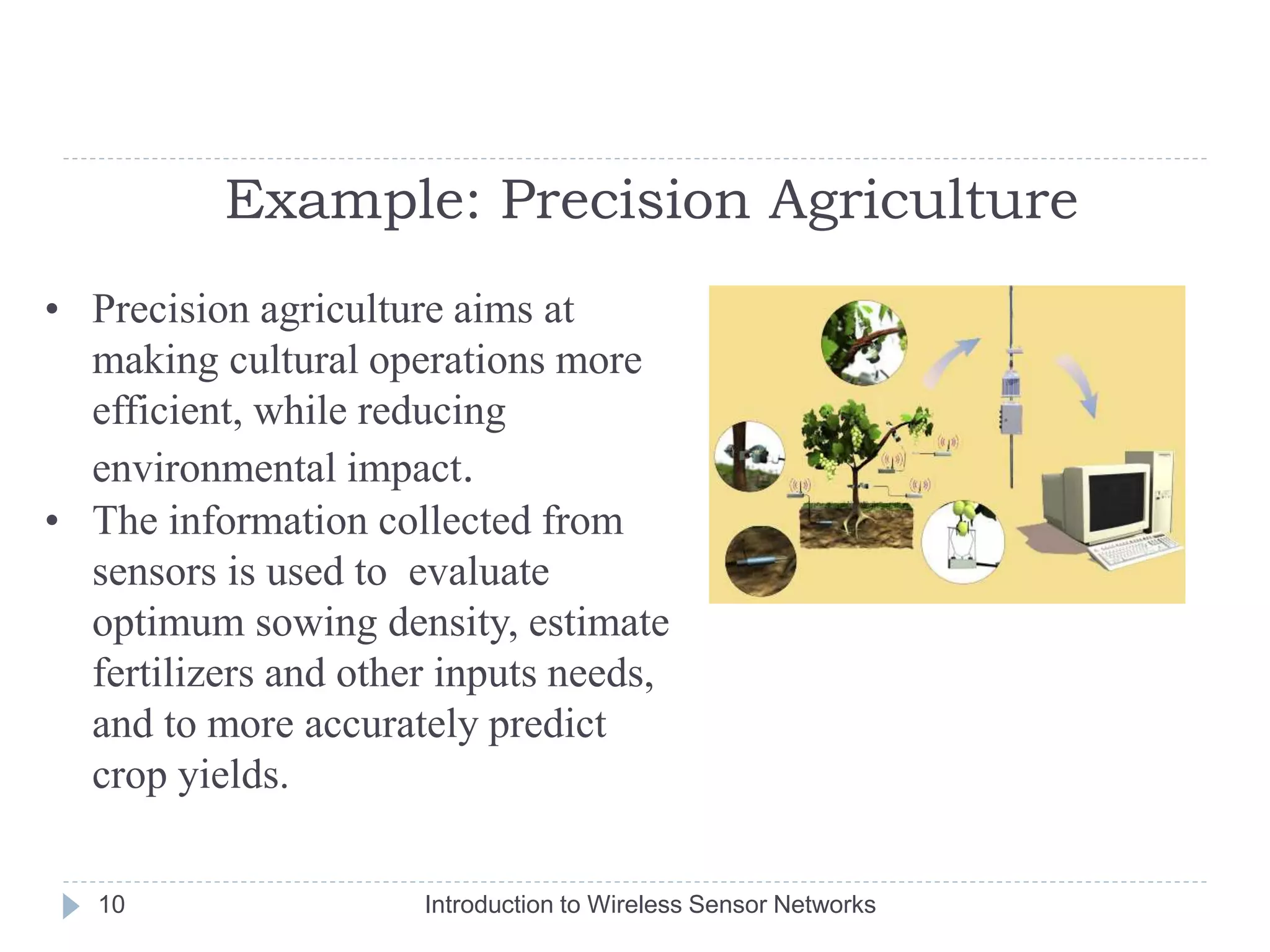 Example: Precision Agriculture
• Precision agriculture aims at
making cultural operations more
efficient, while reducing
environmental impact.
• The information collected from
sensors is used to evaluate
optimum sowing density, estimate
fertilizers and other inputs needs,
and to more accurately predict
crop yields.
10 Introduction to Wireless Sensor Networks
 